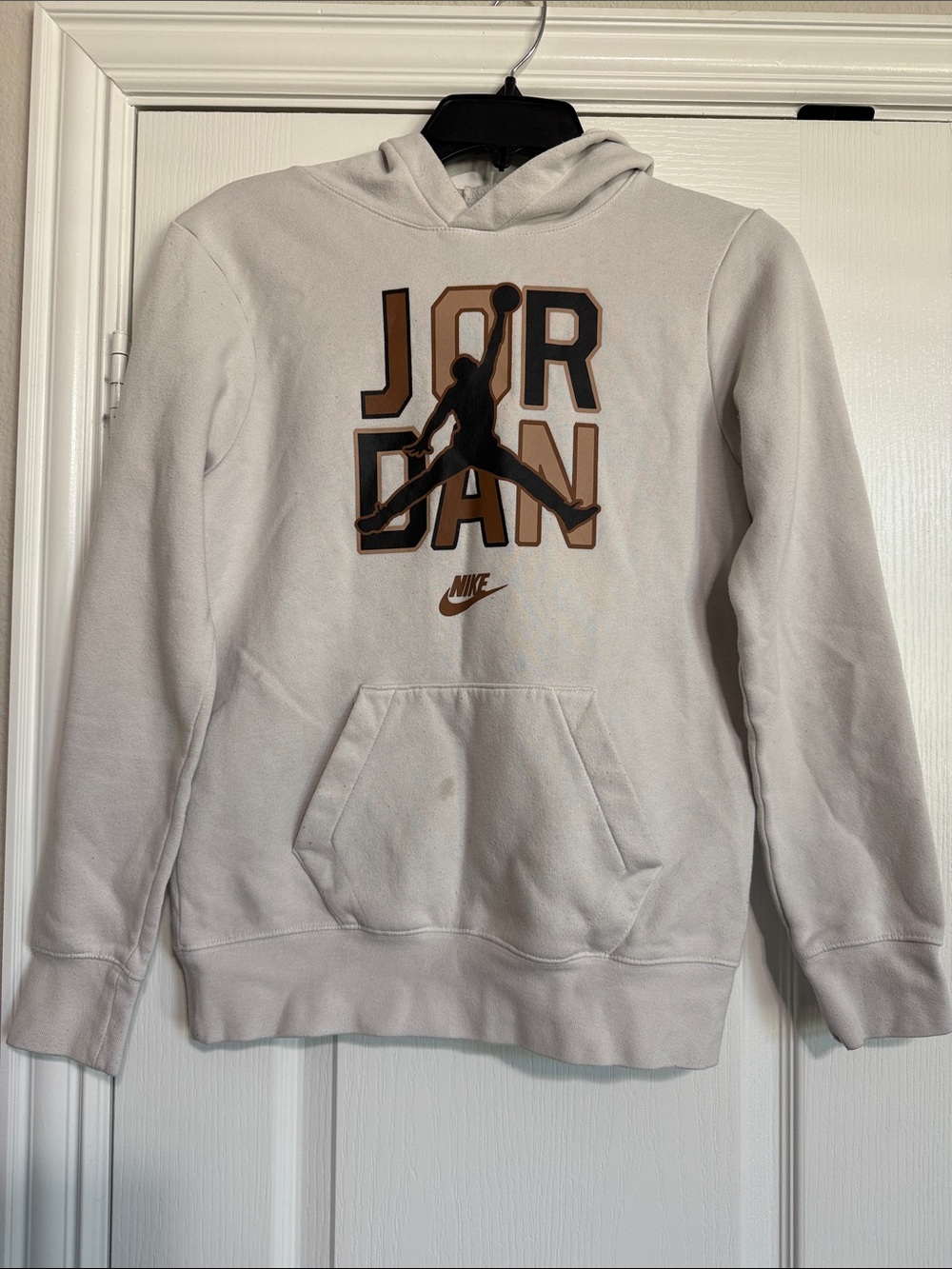 Nike Men's Light Gray Jordan Crewneck Hoodie with Brown Logo